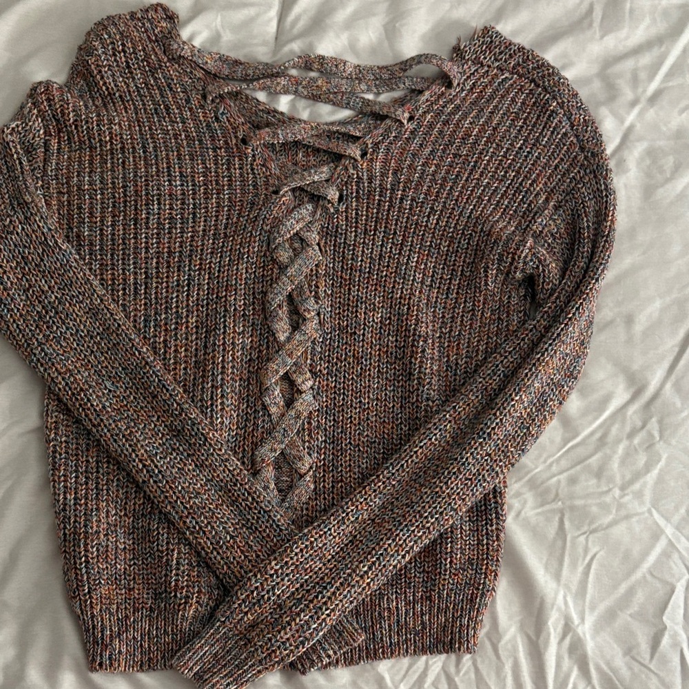 Ultra Flirt Textured Knit Sweater with Lace-Up Detail